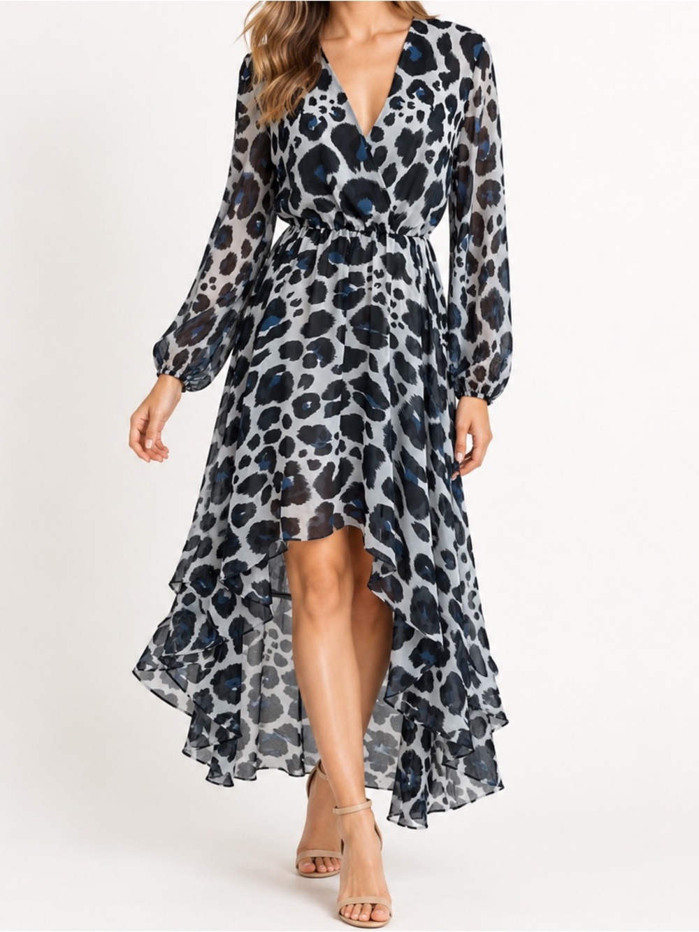 Kardashian Kollection Blue Leopard Print High Low Asymmetrical Dress Size Small